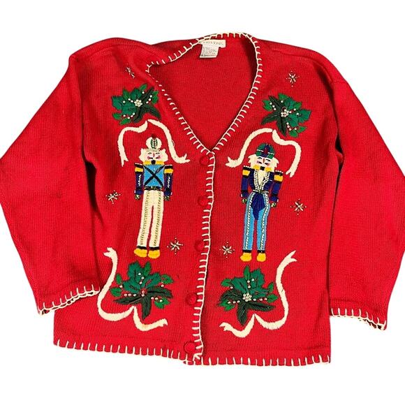 Victoria Jones Christmas Nutcracker Holiday Vintage Red Cardigan Medium - Picture 1 of 11